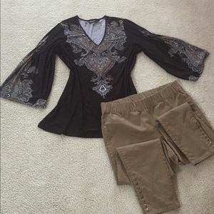Damask Print Vneck Bell Sleeve Stretch Tunic Sz L